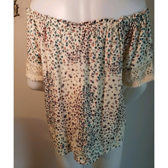 HIP Boho Top Womens L Crochet Fringe Trim Off Shoulder Sheer Floral Blouse - Picture 5 of 12